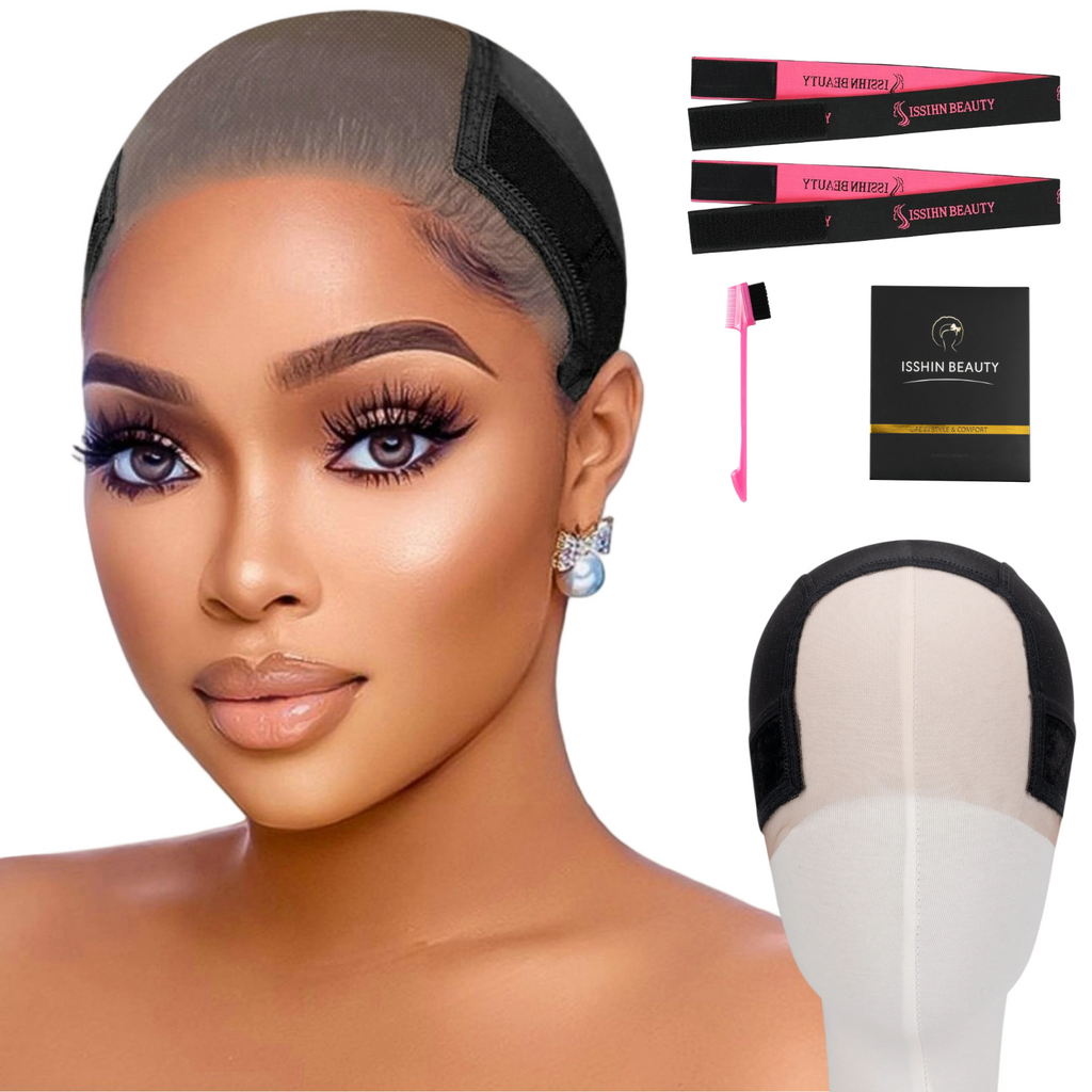 Lace Wig Grip Cap for Women - Medium Size Snug Fit 4x5 Transparent Swiss Lace Non-slip Glueless Wig Gripper with Ear-Cutouts Adjustable Velcro Headband