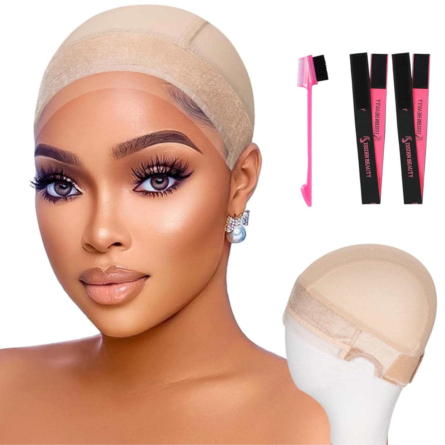 Isshin Beauty Wig Grip Cap Women Adjustable: Wig Gripper with Ear-Cutouts Natural Lace Edge - Gluless Non Slip-Off Band with Velcro No-Headache Comfortable Breathable