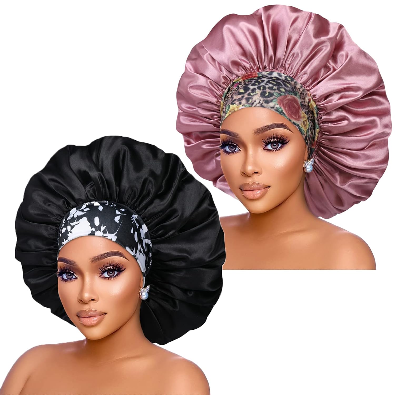 Silk Satin Bonnet Hair Cap: 2pcs 17inch Diameter Extra Large Jumbo Sleeping Satin Bonnets with Comfortable Flower Band - High Density Bonnets for Women Braids Curly Night Cap