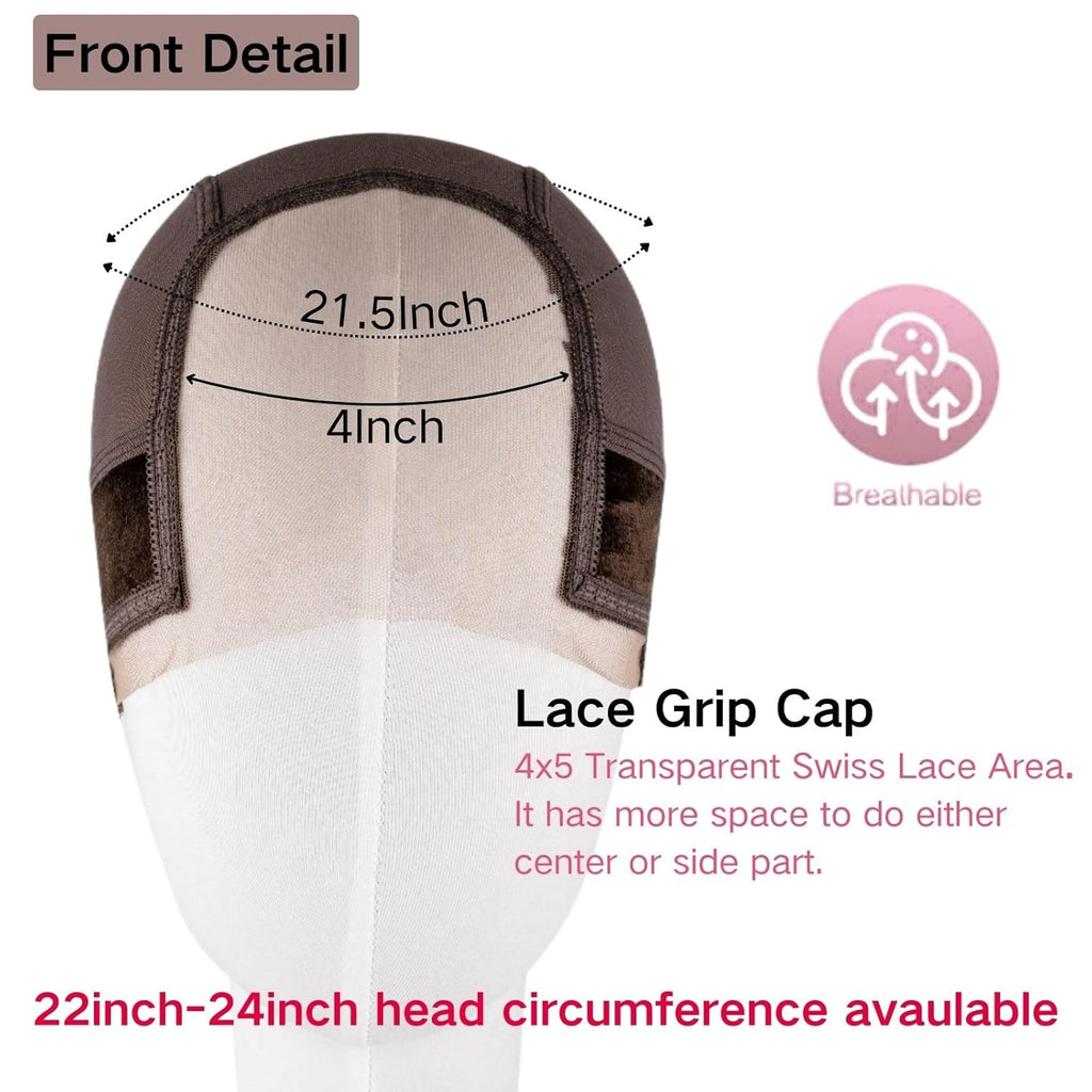 Lace Wig Grip Cap for Women - Medium Size Snug Fit 4x5 Transparent Swiss Lace Non-slip Glueless Wig Gripper with Ear-Cutouts Adjustable Velcro Headband
