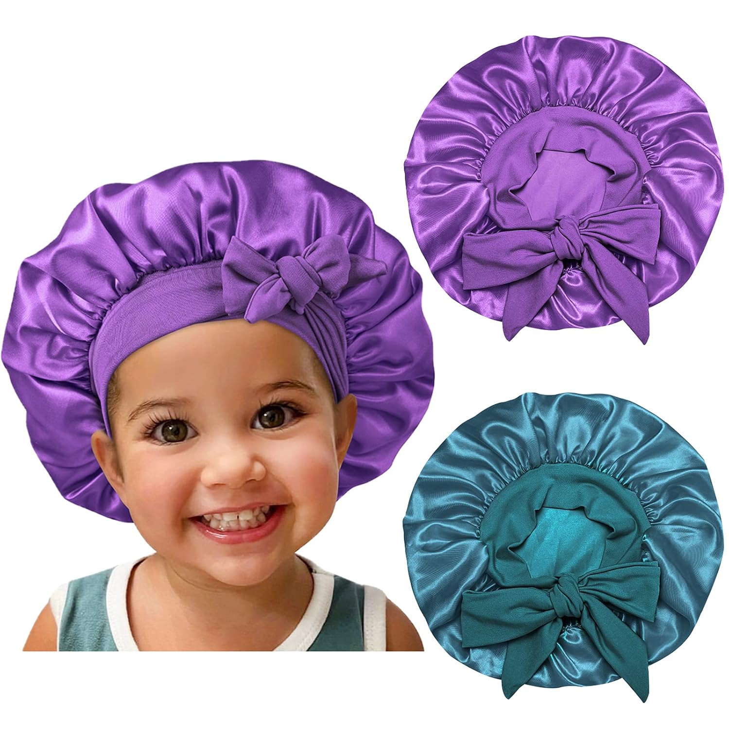 Satin Silk Bonnet Hair Cap: 2pcs Bonnets For Kids with Elastic Tie Band Adjustable Straps for Sleeping Sleep Comfortable - Stretchy Tie Band Hair Bonnets No Slip-Off