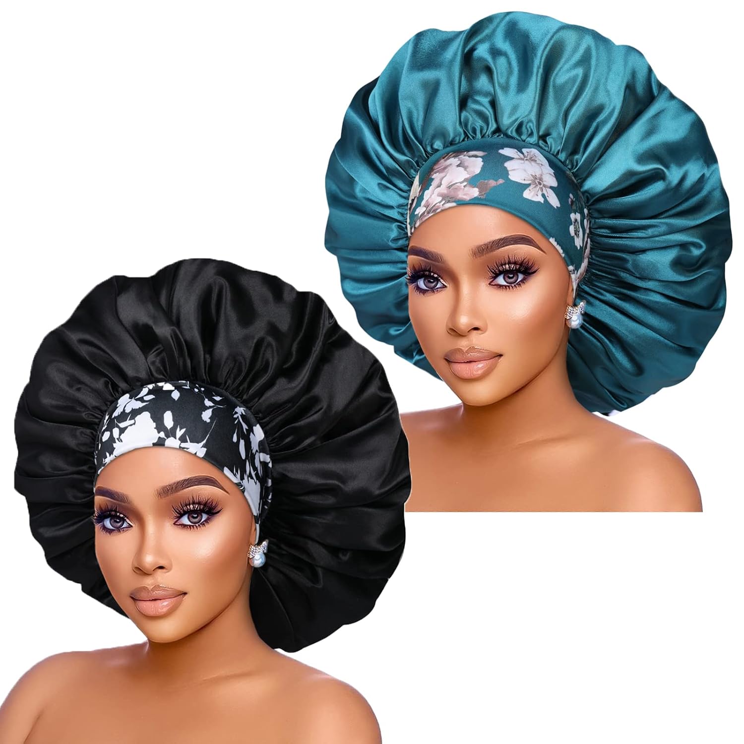 Silk Satin Bonnet Hair Cap: 2pcs 17inch Diameter Extra Large Jumbo Sleeping Satin Bonnets with Comfortable Flower Band - High Density Bonnets for Women Braids Curly Night Cap