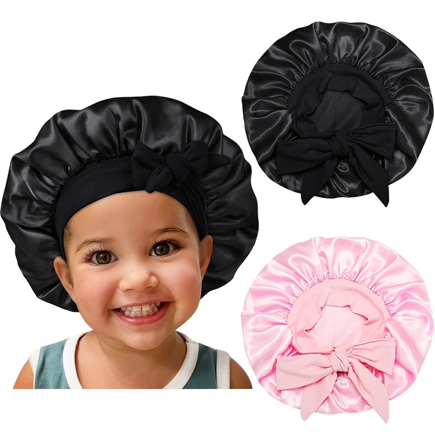 Satin Silk Bonnet Hair Cap: 2pcs Bonnets For Kids with Elastic Tie Band Adjustable Straps for Sleeping Sleep Comfortable - Stretchy Tie Band Hair Bonnets No Slip-Off