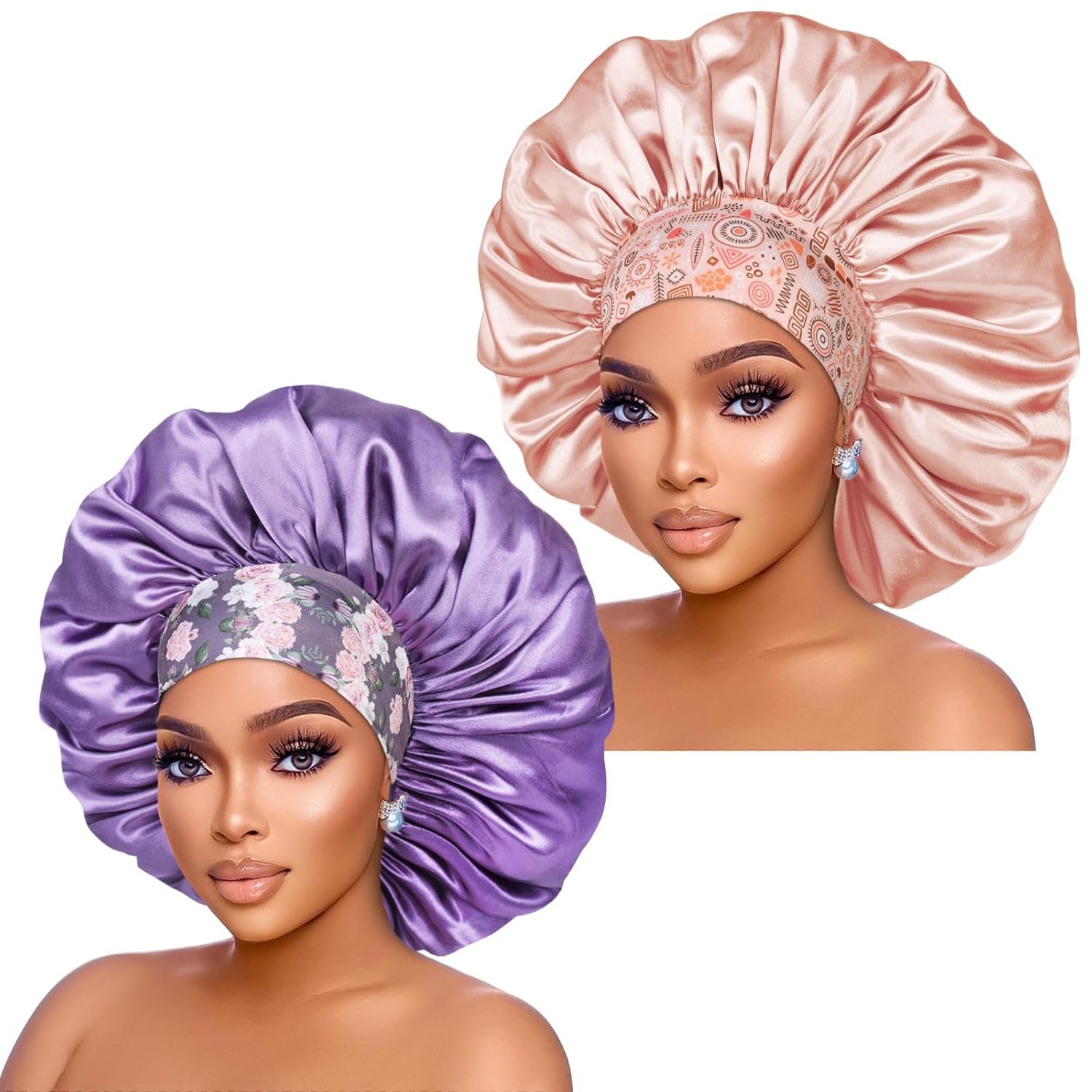 Silk Satin Bonnet Hair Cap: 2pcs 17inch Diameter Extra Large Jumbo Sleeping Satin Bonnets with Comfortable Flower Band - High Density Bonnets for Women Braids Curly Night Cap