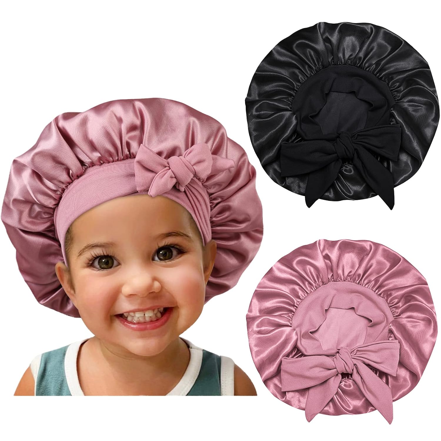 Satin Silk Bonnet Hair Cap: 2pcs Bonnets For Kids with Elastic Tie Band Adjustable Straps for Sleeping Sleep Comfortable - Stretchy Tie Band Hair Bonnets No Slip-Off
