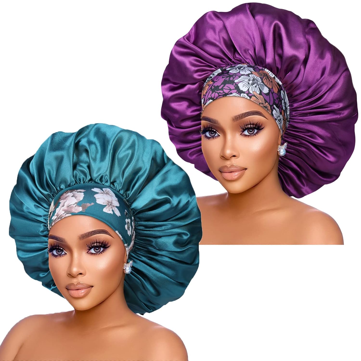 Silk Satin Bonnet Hair Cap: 2pcs 17inch Diameter Extra Large Jumbo Sleeping Satin Bonnets with Comfortable Flower Band - High Density Bonnets for Women Braids Curly Night Cap