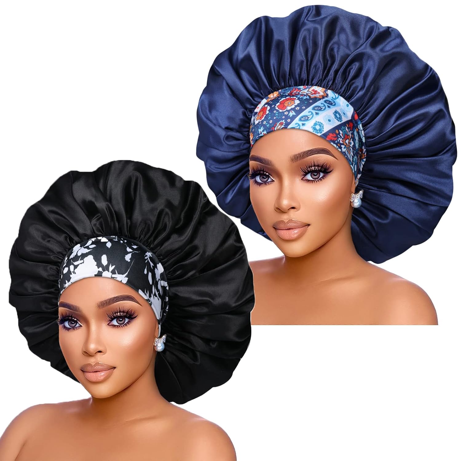 Silk Satin Bonnet Hair Cap: 2pcs 17inch Diameter Extra Large Jumbo Sleeping Satin Bonnets with Comfortable Flower Band - High Density Bonnets for Women Braids Curly Night Cap